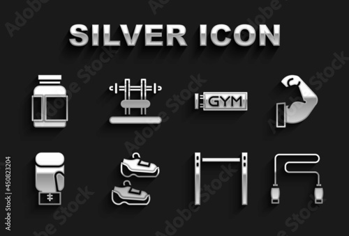 Set Sport sneakers, Bodybuilder muscle, Jump rope, Horizontal bar, Boxing glove, Location gym, Sports nutrition and Bench with barbel icon. Vector