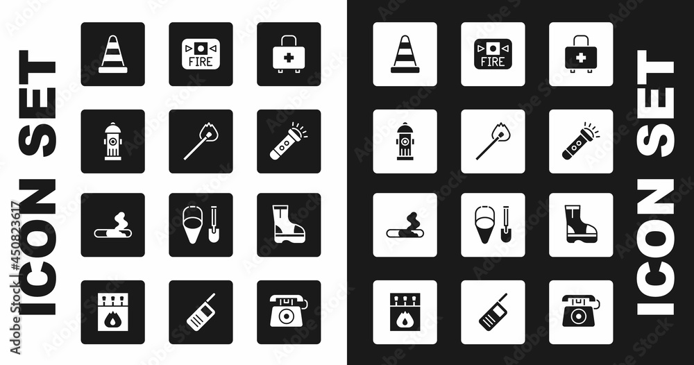 Set First aid kit, Burning match with fire, Fire hydrant, Traffic cone, Flashlight, alarm system, boots and Cigarette icon. Vector Set First aid kit, Burning match with fire, Fire hydrant, Traffic cone, Flashlight, alarm system, boots and Cigarette icon. Vector