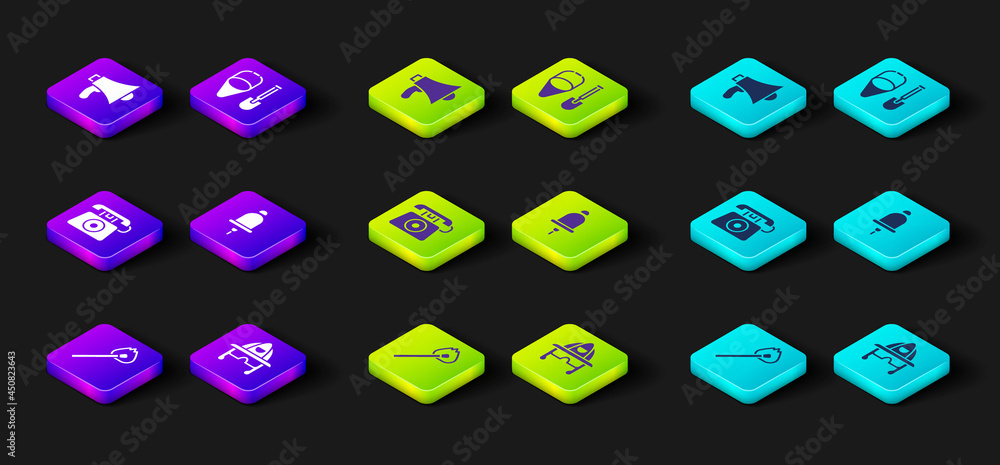Set Burning match with fire, Firefighter helmet, Telephone call 911, Ringing alarm bell, shovel and bucket and Megaphone icon. Vector Set Burning match with fire, Firefighter helmet, Telephone call 911, Ringing alarm bell, shovel and bucket and Megaphone icon. Vector