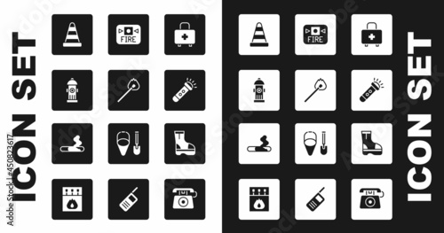 Set First aid kit, Burning match with fire, Fire hydrant, Traffic cone, Flashlight, alarm system, boots and Cigarette icon. Vector