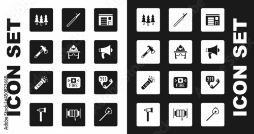 Set Building of fire station, Firefighter helmet, axe, Forest, Megaphone, Metal pike pole, Telephone call 911 and Flashlight icon. Vector