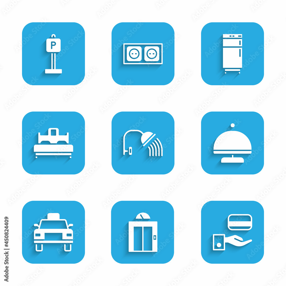 Set Shower head, Lift, Digital door lock, Covered with tray, Taxi car, Bedroom, Refrigerator and Parking icon. Vector