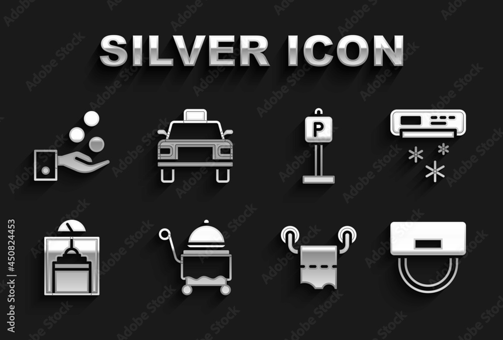 Set Covered with tray, Air conditioner, Bellboy hat, Toilet paper roll, Lift, Parking, Paying tips and Taxi car icon. Vector Set Covered with tray, Air conditioner, Bellboy hat, Toilet paper roll, Lift, Parking, Paying tips and Taxi car icon. Vector