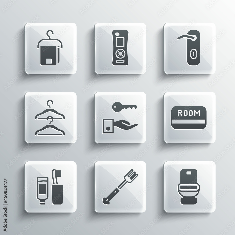 Set Fork, Toilet bowl, Hotel key card, door lock, Toothbrush and toothpaste, Hanger wardrobe, Towel on hanger and Door handle icon. Vector Set Fork, Toilet bowl, Hotel key card, door lock, Toothbrush and toothpaste, Hanger wardrobe, Towel on hanger and Door handle icon. Vector
