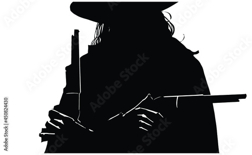 Black silhouette of a sinister cowboy in a hat with long hair and two pistols revolvers that he dramatically holds in his crossed hands 2d illustration black and white