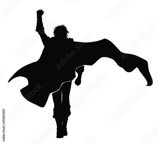 The silhouette of a fantasy hero with a long cloak fluttering in the wind, he confidently goes forward raising his fist up 2d black and white illustration