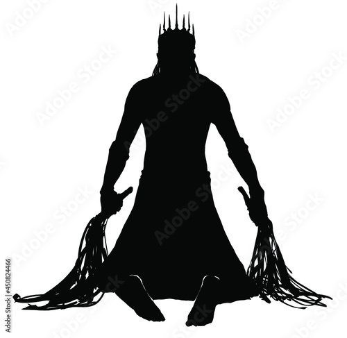 Fotografiet Silhouette of a muscular male king in a crown with long spikes, he holds two whi