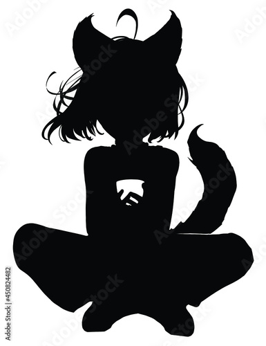 Silhouette of a cute young cat girl in anime style with huge ears and a fluffy tail, She drinks coffee from a mug sitting in the lotus position, 2d illustration