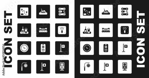 Set Broken rails on a railway, Cargo train wagon, Wine bottle with glass, Route location, Repair of, Plate food, Cafe and restaurant and Train station clock icon. Vector