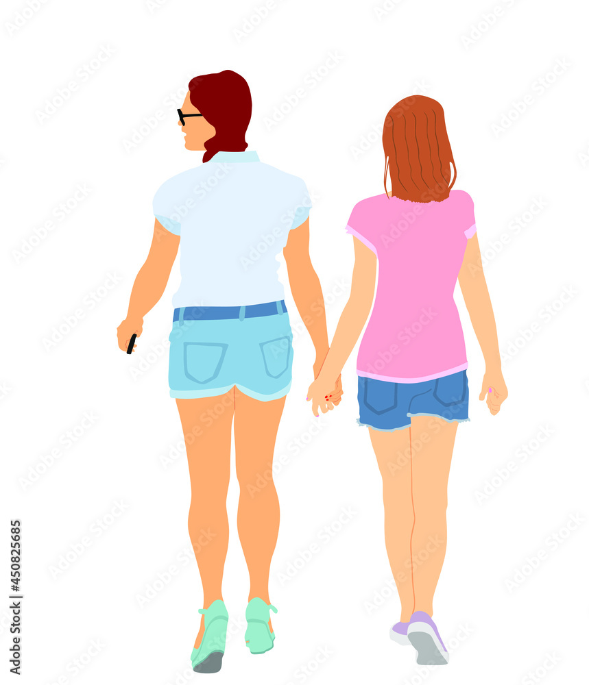 Homosexual girls walking and hand holding vector illustration isolated. Gay couple tenderness outdoor. Hand to hand closeness, lady love female. Lesbian couple handsome woman love girl. Pride rights Homosexual girls walking and hand holding vector illustration isolated. Gay couple tenderness outdoor. Hand to hand closeness, lady love female. Lesbian couple handsome woman love girl. Pride rights