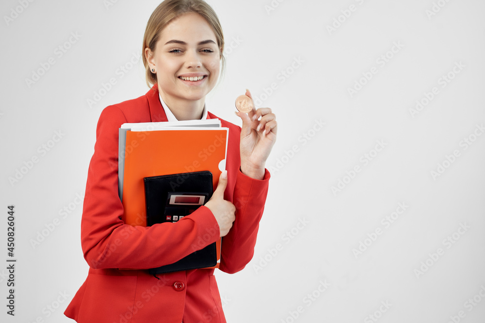 cheerful business woman in a red jacket cryptocurrency documents finance cheerful business woman in a red jacket cryptocurrency documents finance