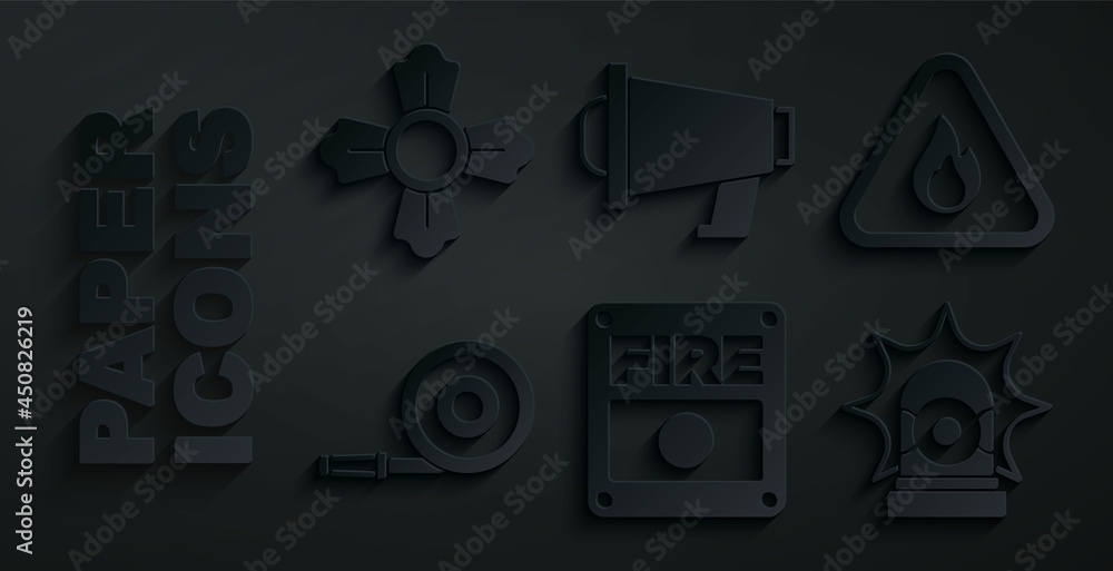 Set Fire alarm system, flame in triangle, hose reel, Flasher siren, Megaphone and Firefighter icon. Vector Set Fire alarm system, flame in triangle, hose reel, Flasher siren, Megaphone and Firefighter icon. Vector