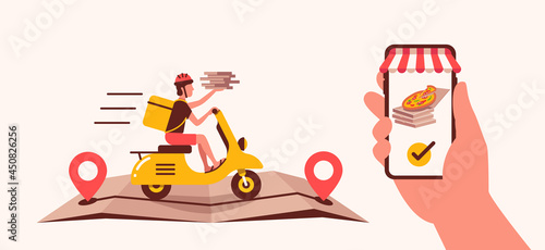 Online delivery pizza by smartphone and courier on scooter. Concept food online delivery vector illustration