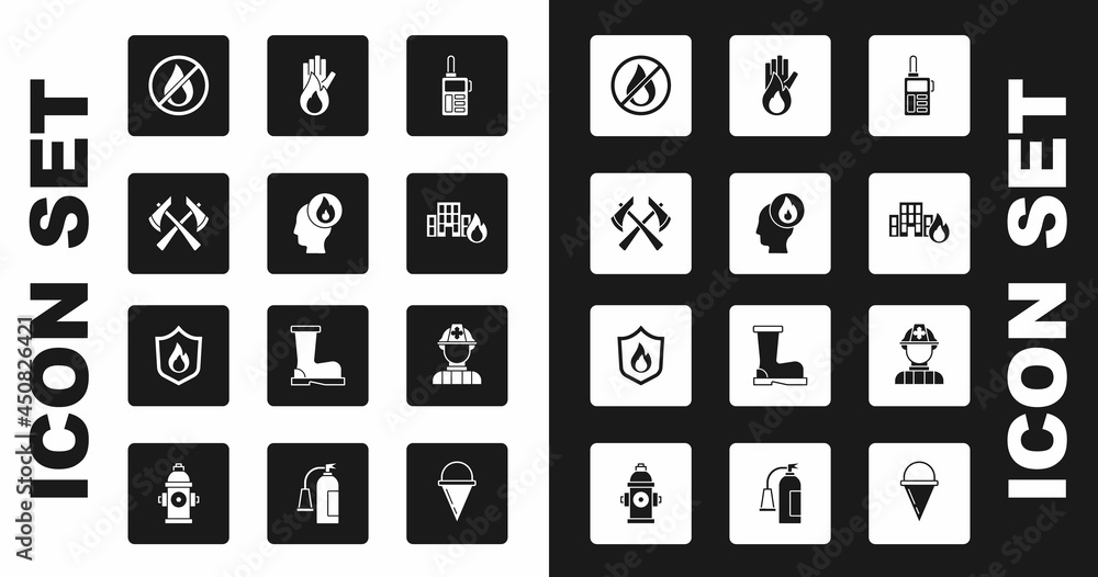 Set Walkie talkie, Firefighter, axe, No fire, in burning buildings, and protection shield icon. Vector Set Walkie talkie, Firefighter, axe, No fire, in burning buildings, and protection shield icon. Vector