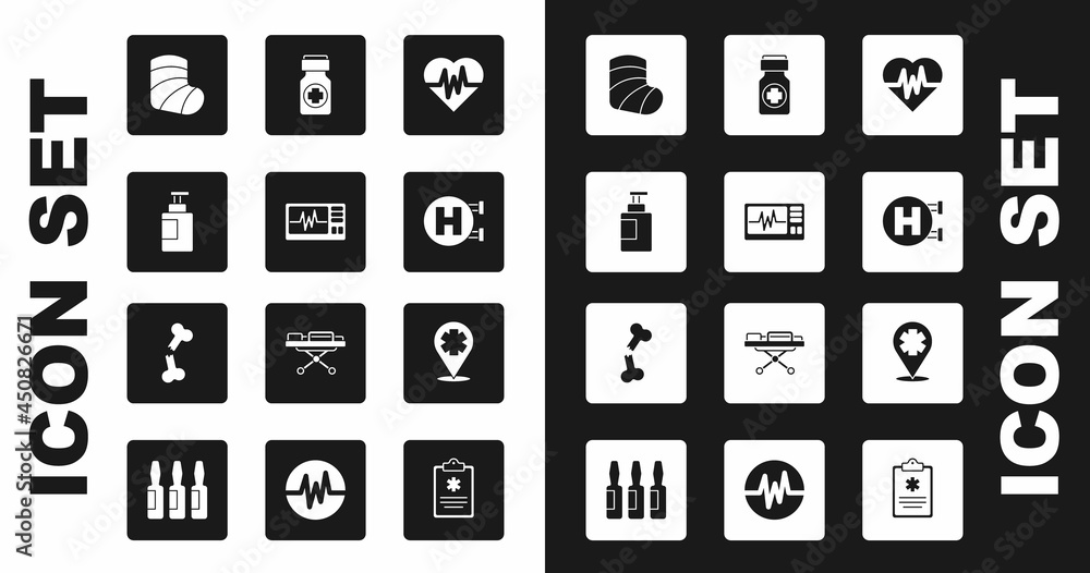 Set Heart rate, Monitor with cardiogram, Hand sanitizer bottle, Gypsum, Hospital signboard, Medicine pills, Location cross hospital and Human broken bone icon. Vector Set Heart rate, Monitor with cardiogram, Hand sanitizer bottle, Gypsum, Hospital signboard, Medicine pills, Location cross hospital and Human broken bone icon. Vector