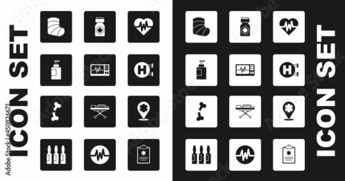 Set Heart rate, Monitor with cardiogram, Hand sanitizer bottle, Gypsum, Hospital signboard, Medicine pills, Location cross hospital and Human broken bone icon. Vector