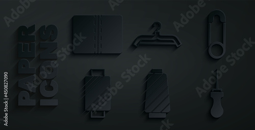 Set Sewing thread on spool, Safety pin, Awl tool, Hanger wardrobe and Textile fabric roll icon. Vector