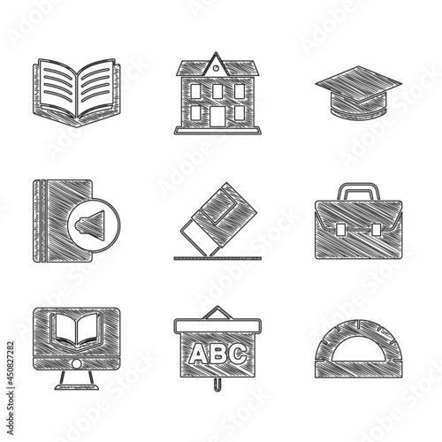Set Eraser or rubber, Chalkboard, Protractor grid, Briefcase, Online class, Audio book, Graduation cap and Open icon. Vector