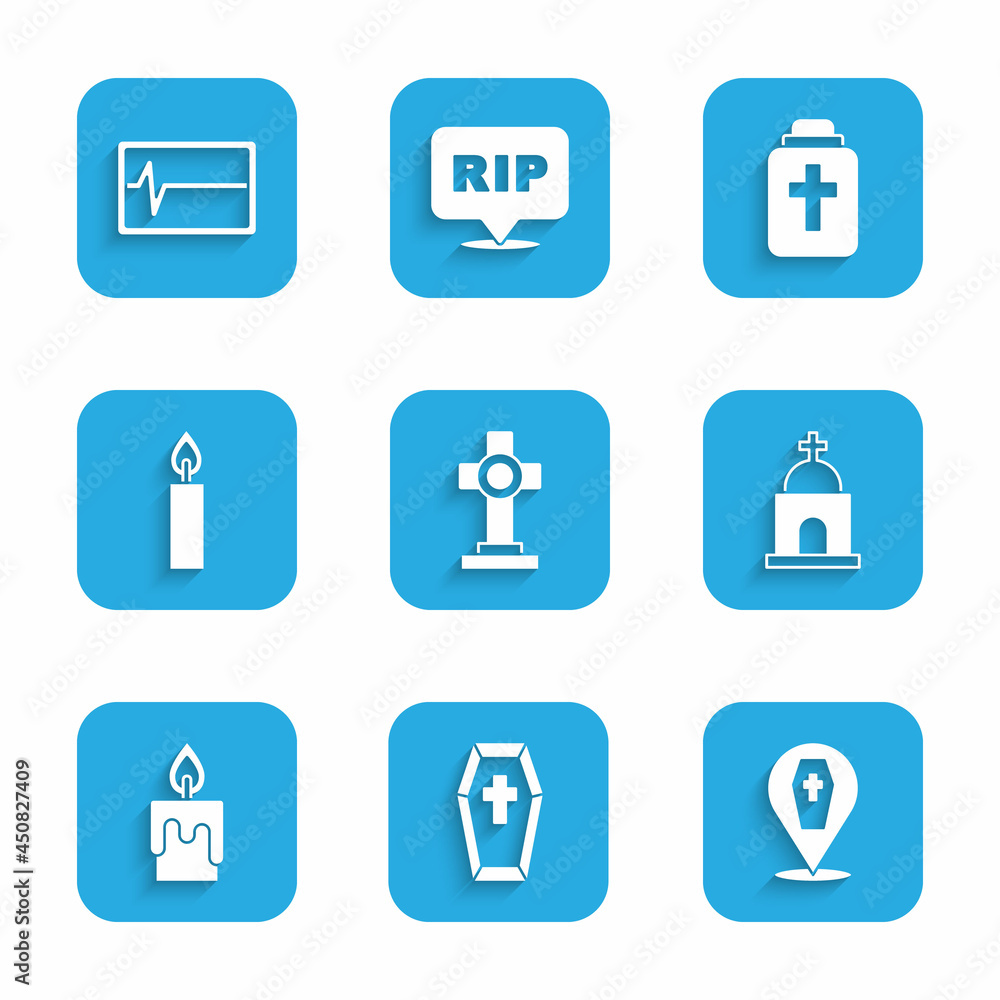 Set Grave with cross, Coffin, Old crypt, Burning candle, Funeral and Beat dead monitor icon. Vector Set Grave with cross, Coffin, Old crypt, Burning candle, Funeral and Beat dead monitor icon. Vector