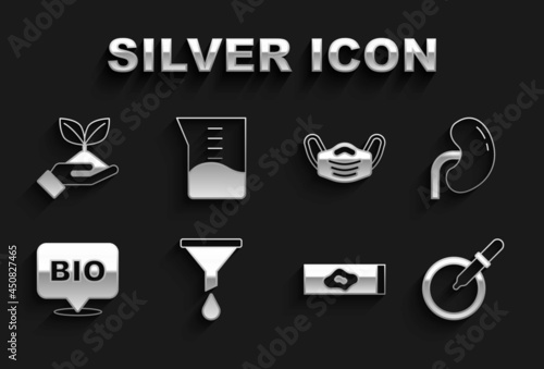 Set Funnel or filter, Human kidney, Petri dish with pipette, Blood test and virus, Bio healthy food, Medical protective mask, Plant in hand and Laboratory glassware beaker icon. Vector