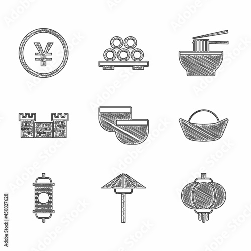 Set Chinese tea ceremony, Japanese umbrella from the sun, paper lantern, Sushi, Great wall of China, Asian noodles bowl and Yuan currency icon. Vector
