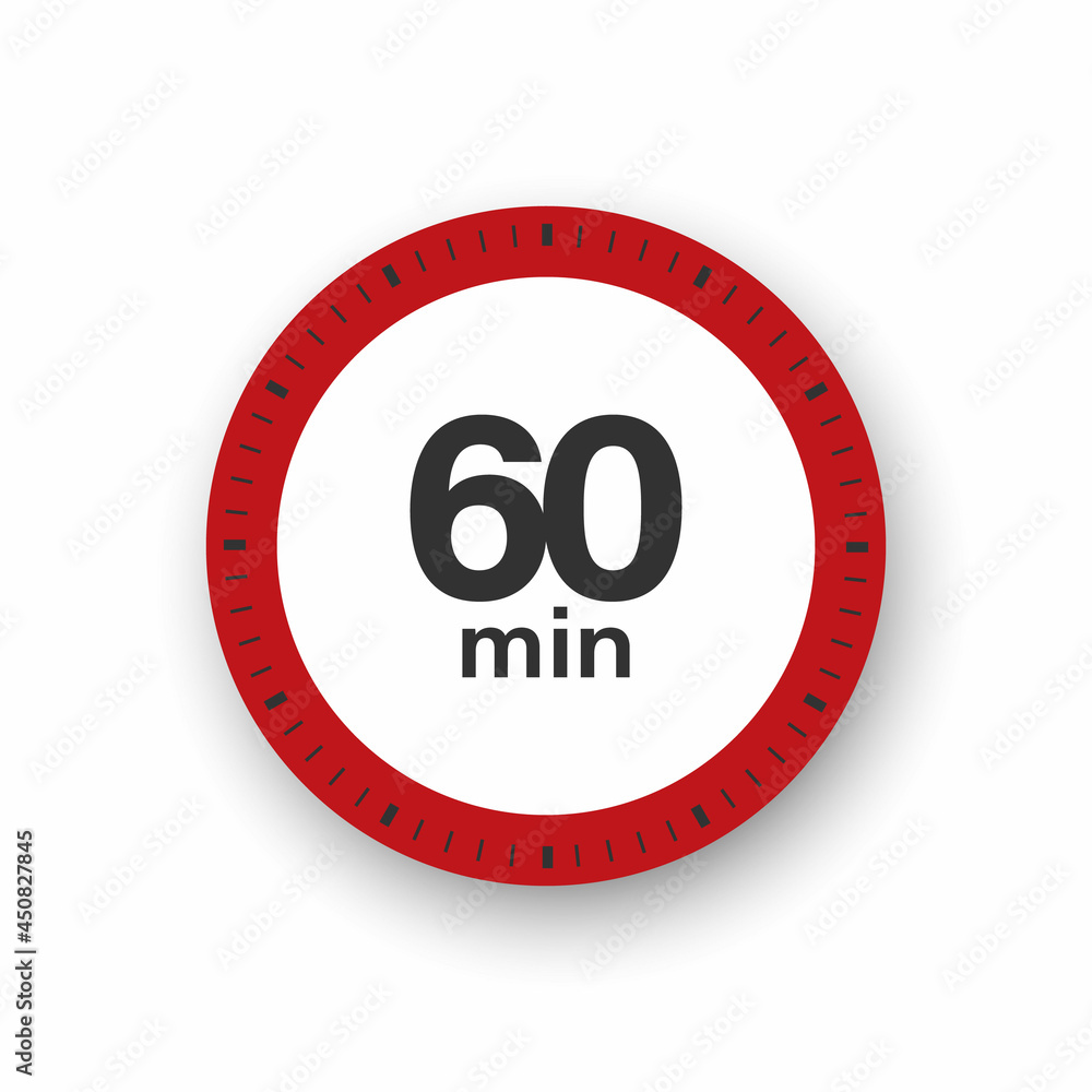 60 minutes timer. Stopwatch symbol in flat style. Editable isolated vector illustration.
60 minutes timer. Stopwatch symbol in flat style. Editable isolated vector illustration.