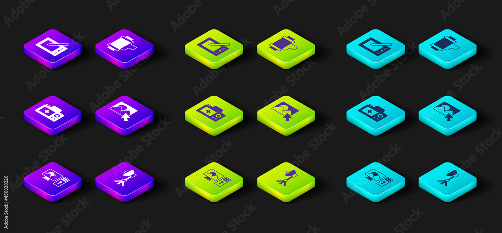 Set Photo retouching, Softbox light, camera, Camera roll cartridge and Graphic tablet icon. Vector Set Photo retouching, Softbox light, camera, Camera roll cartridge and Graphic tablet icon. Vector