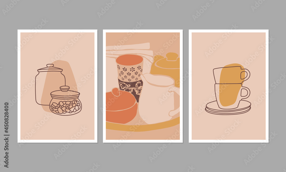 Colorful posters or greeting cards. Set of modern illustrations of tableware. Can be used for interior decor, wall art, tote bag.