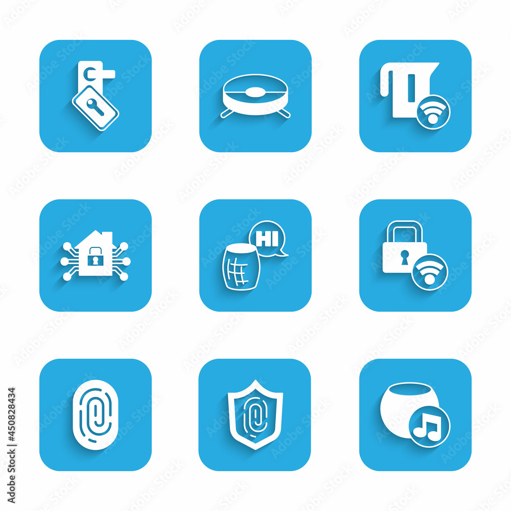 Set Voice assistant, Fingerprint, Digital door lock, Smart home, electric kettle and icon. Vector Set Voice assistant, Fingerprint, Digital door lock, Smart home, electric kettle and icon. Vector