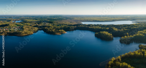 Aerial drone photo of green tree crones growing in lake shore. Nature landscape. Top view of a forest lake. Travel concept.