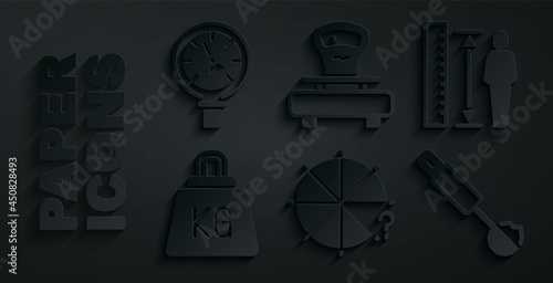 Set Circle of pieces, Measuring height body, Weight, spoon, Scales and Pressure water meter icon. Vector