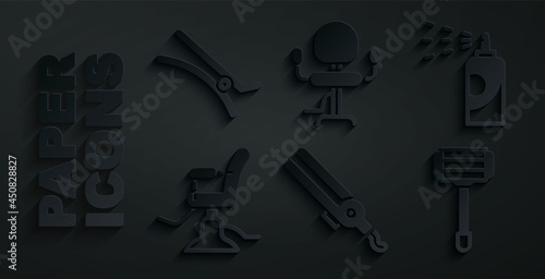 Set Curling iron, Spray can for hairspray, Barbershop chair, Shaving razor, and Hair clip icon. Vector