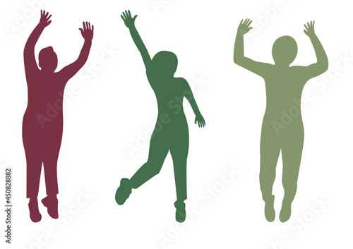 Silhouette of a crowd of people. A group of people. Jump and hands up. Flat style. Vector image isolated. Great design for any purpose. Vector graphics. Design element.