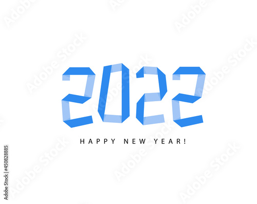New Year 2022 typographic design, paper ribbon numbers, headline for greeting card, calendar design, holiday poster. Blue paper applique style numbers. Vector illustration.
