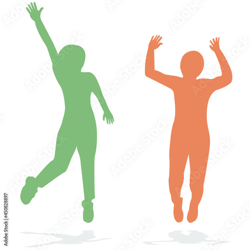 Silhouette of people. A couple of people. Jump and hands up. Flat style. Vector image isolated. Great design for any purpose. Vector graphics. Design element.
