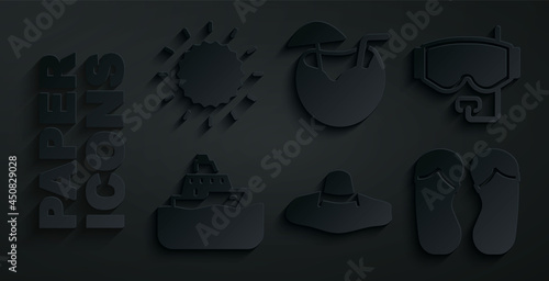 Set Elegant women hat, Diving mask, Cruise ship, Flip flops, Coconut cocktail and Sun icon. Vector