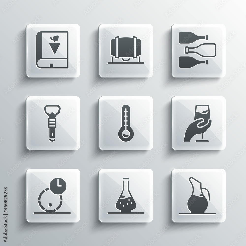 Set Decanter for wine, Wine tasting, degustation, Meteorology thermometer, Wooden barrel, Bottle opener, Book about grapes and Bottles of icon. Vector Set Decanter for wine, Wine tasting, degustation, Meteorology thermometer, Wooden barrel, Bottle opener, Book about grapes and Bottles of icon. Vector