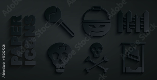 Set Skull on crossbones, Garden fence wooden, Guillotine, Pumpkin basket for sweets and Lollipop icon. Vector