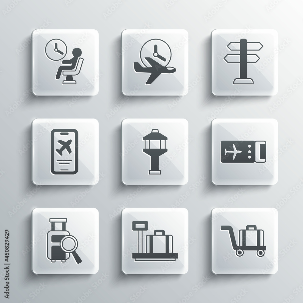 Set Scale with suitcase, Trolley baggage, Airline ticket, Airport control tower, Lost, Mobile, Human waiting airport terminal and Road traffic sign icon. Vector Set Scale with suitcase, Trolley baggage, Airline ticket, Airport control tower, Lost, Mobile, Human waiting airport terminal and Road traffic sign icon. Vector