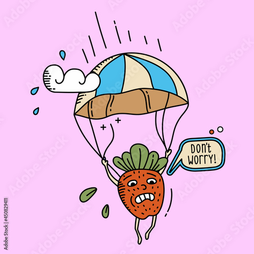 Strawberry harvest season. The berry is flying by parachute. Cloudy weather, rainy day. Funny doodle picture for stickers, posters, labels and others.