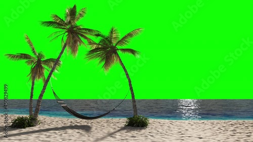 Paradise vacation on a tropical island in the ocean among the palms in a hammock. 
Animation of sea palms and sand on a green screen for keying. 

