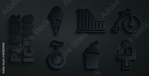 Set Paper glass with water, Vintage bicycle, Unicycle or one wheel, Attraction carousel, Roller coaster and Ice cream waffle cone icon. Vector