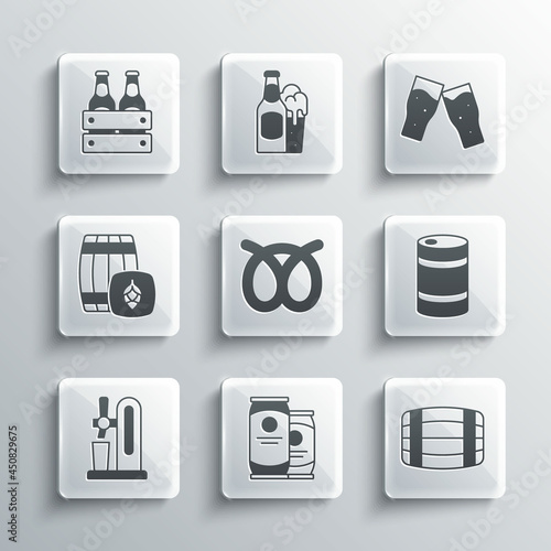 Set Beer can, Wooden barrel, Metal beer keg, Pretzel, tap with glass, Pack of bottles and Glass icon. Vector