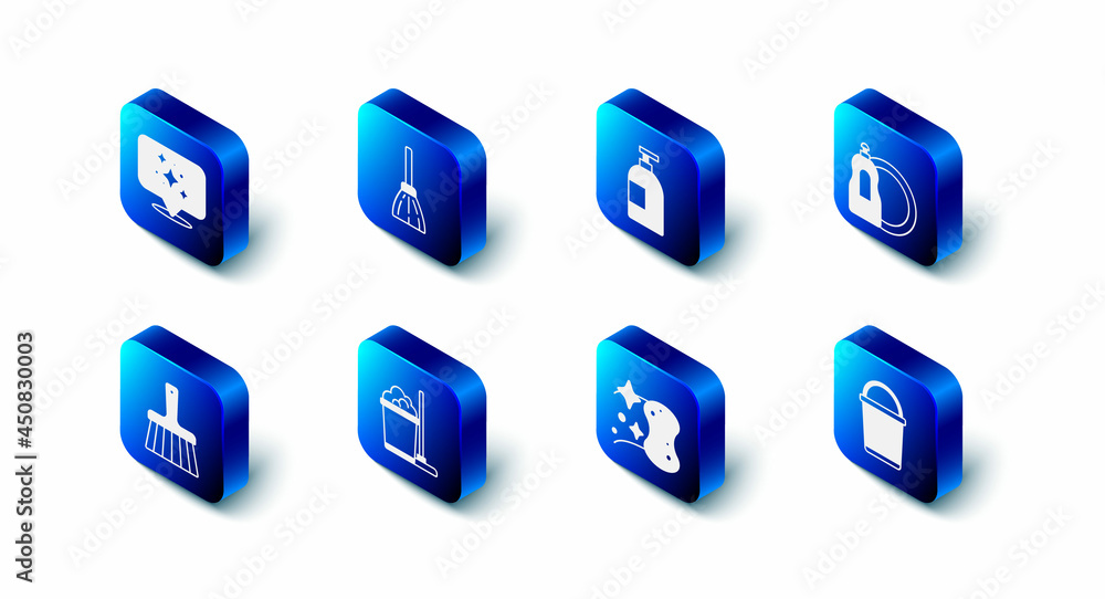 Set Handle broom, Dishwashing liquid bottle, Bucket, Sponge, Mop bucket, and Home cleaning service icon. Vector Set Handle broom, Dishwashing liquid bottle, Bucket, Sponge, Mop bucket, and Home cleaning service icon. Vector