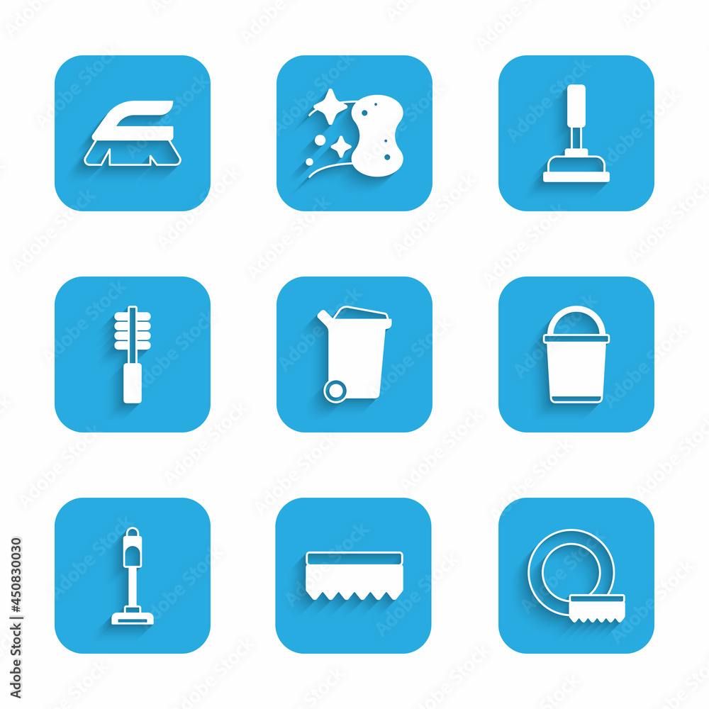 Set Trash can, Sponge, Washing dishes, Bucket, Vacuum cleaner, Toilet brush, Rubber plunger and Brush for cleaning icon. Vector Set Trash can, Sponge, Washing dishes, Bucket, Vacuum cleaner, Toilet brush, Rubber plunger and Brush for cleaning icon. Vector