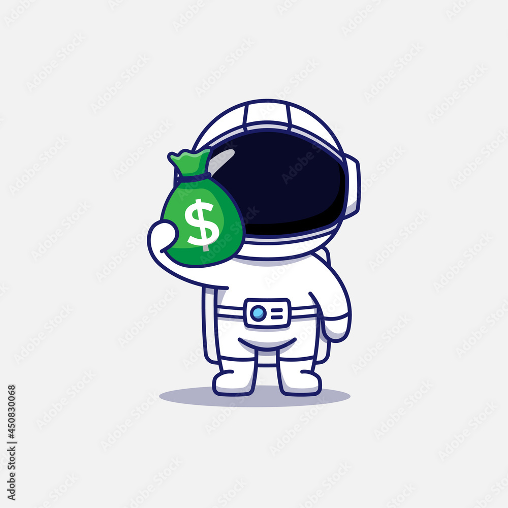 Cute astronaut carrying a bag of money