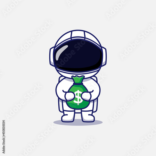 Cute astronaut carrying a bag of money
