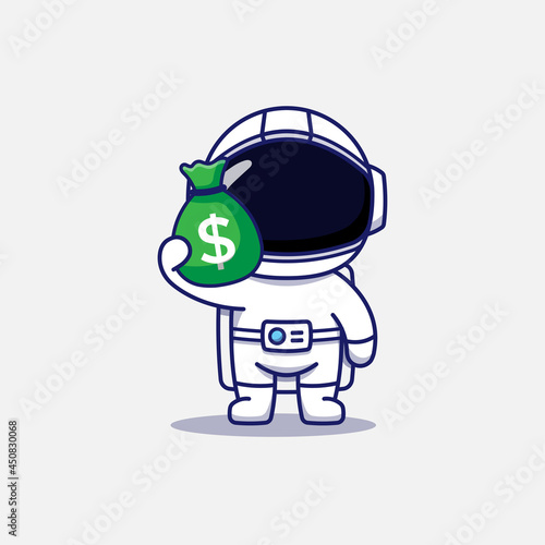Cute astronaut carrying a bag of money