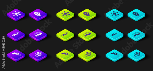 Set Pistol or gun, Handcuffs, Flashlight, Footsteps, Police cap with cockade and Hexagram sheriff icon. Vector