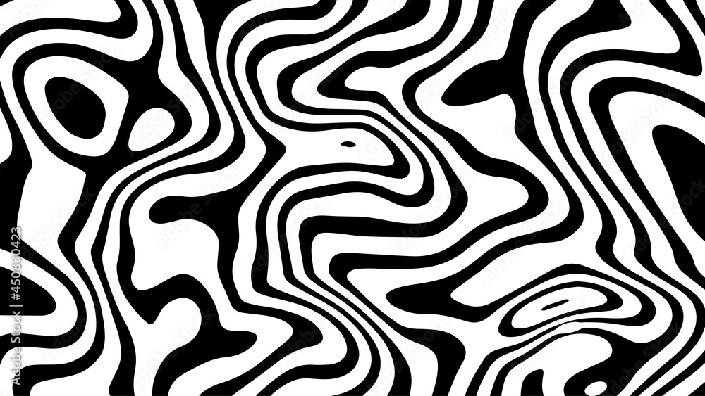 Vector graphic of Black and White abstract wavy background. Caustics distortion line art. Optical illusion motion striped 3d effect. Good for invitation cards, business brochures, textiles etc.